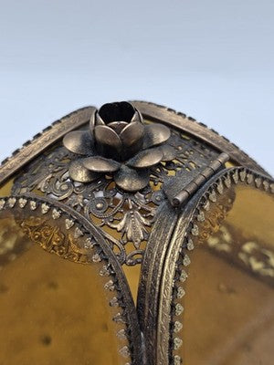 Antique Ornate Gilt Ormolu Vanity Set Amber Glass Jewelry Casket Mirror Brush