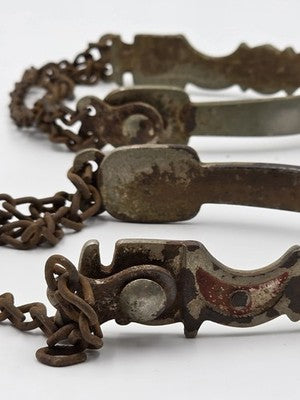 Antique Western Cowboy Spurs Pair Hand Engraved Red Inlay Steel w/ Chains