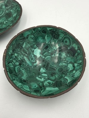 Beautiful Pair Of Antique MCM Malachite & Brass Round And Oval Trinkett Dishes.