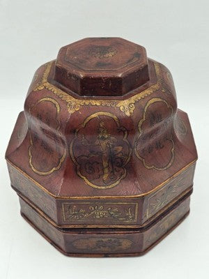 Early 19th C Chinese Qing Dynasty Red Lacquer Wedding Gift Basket Gilt Figures
