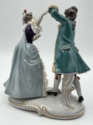 Vintage German Dresden Lace Porcelain Courting Couple Figurine Hand Painted 7.5"