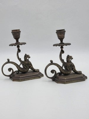 Antique Pair Solid Bronze Griffin Candlesticks Renaissance Revival Winged Lions