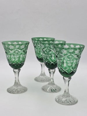 Set Of 4 Vintage Bohemian Czech Emerald Green Cut Crystal Wine Goblets. 7.75".