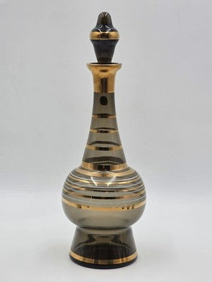 Vintage Amber Bohemia Crystal Decanter Set 6 Glasses Gold Trim Czechoslovkia New