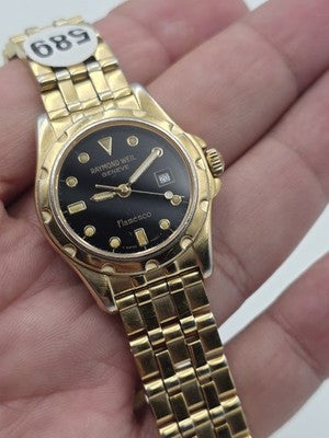 Vintage Raymond Weil Flamenco 5370 Swiss Quartz Black Dial Gold Tone Watch Works