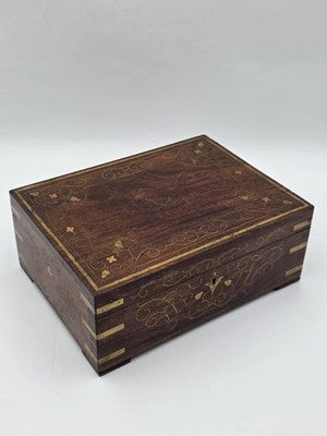 RARE ANTIQUE 19th C COLONIAL ROSEWOOD & FULL BRASS INLAY JEWELRY BOX.