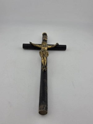 Rare Antique 19th C Crucifix Metal Jesus On Wood Cross W Rare Tips Memento.