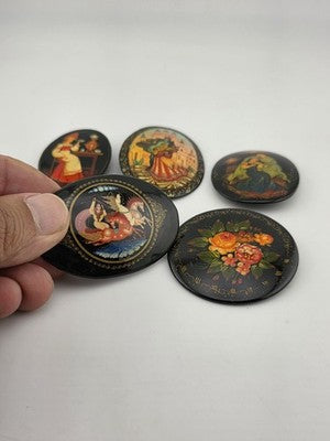 Rare Set Of 5 Vintage Hand Painted Brooch Pins Black Lacquer Russian Folk Art