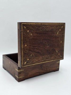 RARE ANTIQUE 19th C COLONIAL ROSEWOOD & FULL BRASS INLAY JEWELRY BOX.