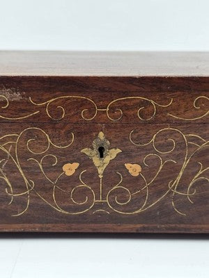 RARE ANTIQUE 19th C COLONIAL ROSEWOOD & FULL BRASS INLAY JEWELRY BOX.