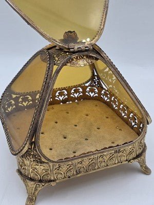 Antique Ornate Gilt Ormolu Vanity Set Amber Glass Jewelry Casket Mirror Brush