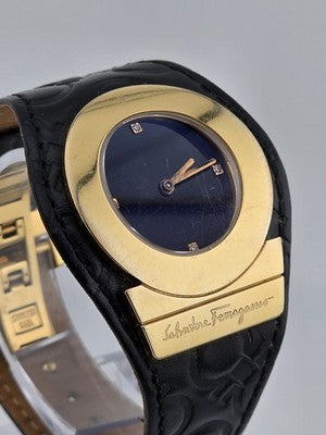 Salvatore Ferragamo Swiss Made Gold Plated Leather Watch Diamond Markers. Works.