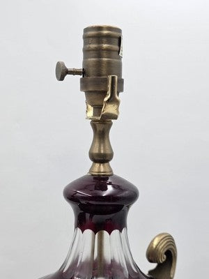 Pair Bohemian Ruby Red Crystal Lamp, Cut-to-Clear Czech Glass, Hollywood Regency