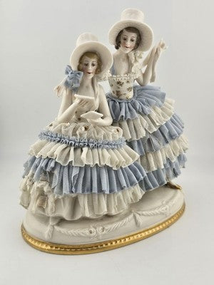 Antique Sitzendorf Dresden Lace Figurine 2 Victorian Ladies Germany Porcelain