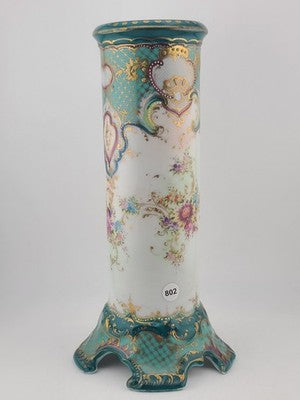 Antique 1920's OCO Japan Vase Turquoise Gold Floral Pedestal Spill Cabinet 9.5"