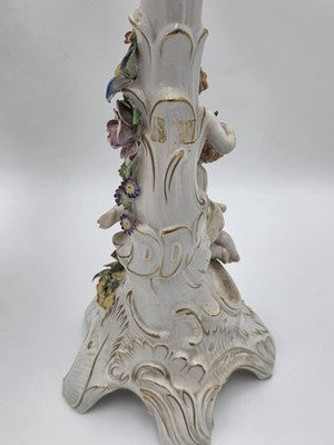 Rare 19th C Antique Pair Schierholz Dresden Porcelain Cherub Floral Candelabras