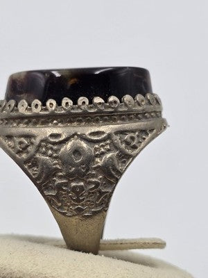 Antique Handcrafted Men Sterling Silver 925 Natural Dark Aqeeq Agate Ring Sz 9.