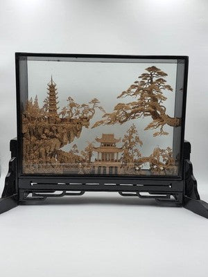 Large Scale Antique Chinese Carved Cork Diorama in Ebonised Glass Display Case