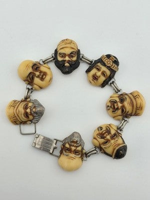 Antique Japanese Figural Face Bracelet Carved Bon Seven Gods Meiji Era. Signed.