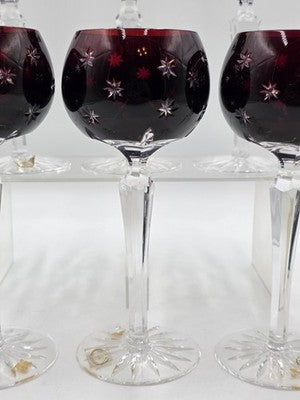 Set Of 6 Vintage Ajka Marsala Ruby Red Cut To Clear Crystal Hock Wine Glass