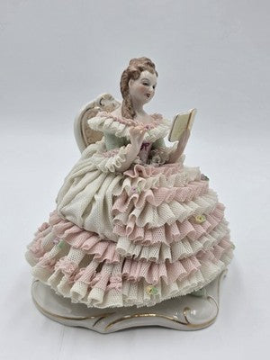 Vintage M.Z. Ireland Dresden Lace Porcelain Figurine Lady Reading Book Seated