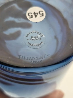 Shipping- Rare Tiffany & Co Blue Lead Crystal Cylinder Vase England Applied.