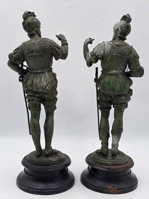 Rare Pair Of Antique Detailed Spelter Statues of Spanish Conquistadors. 15".