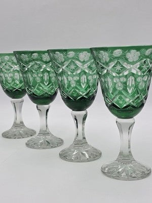 Set Of 4 Vintage Bohemian Czech Emerald Green Cut Crystal Wine Goblets. 7.75".