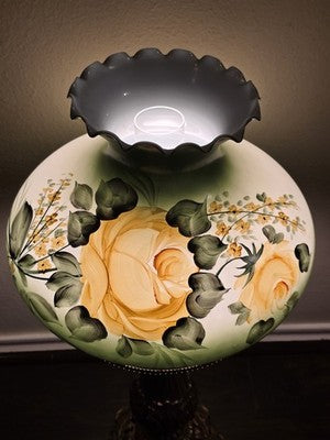 Antique Victorian Style Hurricane Lamp Electric Floral Shade Ornate Brass Base