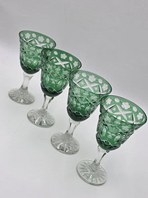 Set Of 4 Vintage Bohemian Czech Emerald Green Cut Crystal Wine Goblets. 7.75".
