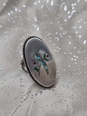 VTG  TAXCO M-5 MEXICO STERLING SILVER RING WITH BIRD INLAY MULTI COLOR STONES