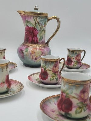 Antique 19th C C.S. Prussia Handpainted Demitasse Set 6 Cups Saucers Coffee Pot