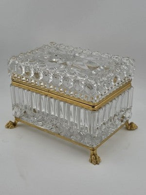 French Baccarat Style Jewelry Casket Footed Box Heavy Crystal Glass Hinged Lid