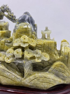 Huge 20.5" China Natural Yellow Green Xiu Jade Carved Mountain House Tree Statue