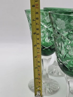 Set Of 4 Vintage Bohemian Czech Emerald Green Cut Crystal Wine Goblets. 7.75".