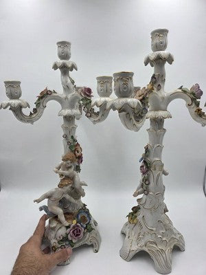 Rare 19th C Antique Pair Schierholz Dresden Porcelain Cherub Floral Candelabras