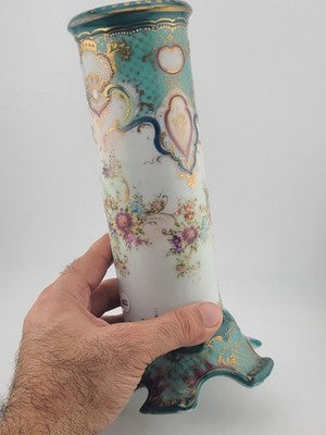Antique 1920's OCO Japan Vase Turquoise Gold Floral Pedestal Spill Cabinet 9.5"