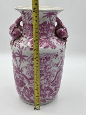 Vintage Chinese Porcelain Pink Chinoiserie Vase w Pommegranate Flowered Handles