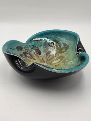 Unique Vintage Studio Art Glass Freeform Bowl Turquoise Black Millefiori Style