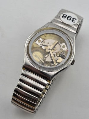 Vintage 1980's Swatch Skeleton Quartz Swiss Watch Expandable Band Runs. New Bat.