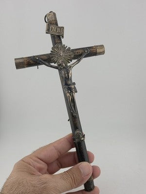 Antique 19th C Crucifix Metal Jesus On Wood Cross W Rare Tips Memento Mori Skull