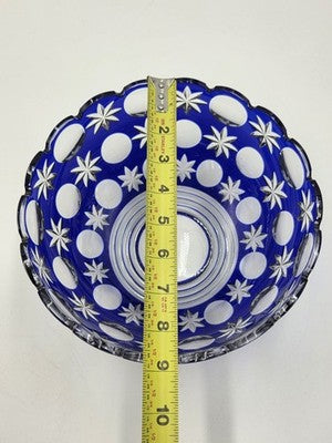 Rare Vintage Bohemian Hand Cut Crystal Glass Blue to Clear bowl SIGNED 8.75”