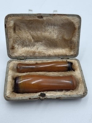 19th C Antique Victorian Natural Amber Cigar Cigarette Holders Cased Smoking Set