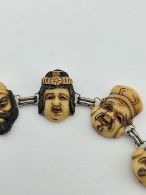 Antique Japanese Figural Face Bracelet Carved Bon Seven Gods Meiji Era. Signed.