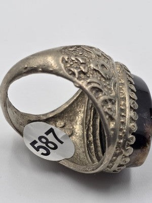 Antique Handcrafted Men Sterling Silver 925 Natural Dark Aqeeq Agate Ring Sz 9.