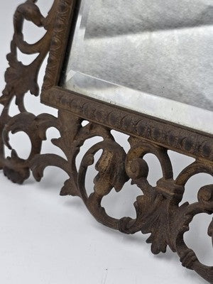 Antique Victorian Cast Iron Vanity Mirror Ornate Scrollwork Easel Frame C 1890.