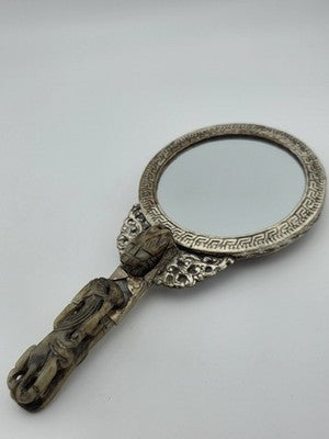Rare Antique Chinese Ornate Jade and Silver  Carved Dragon Hand Mirror