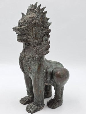 Rare Antique Thai Burmese Bronze Singha Temple Guardian Lion Statue 11" Tall.