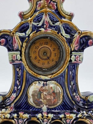 Rare Antique 19th C Porcelain Majelica Mantel Clock Hand Painted French. Read.