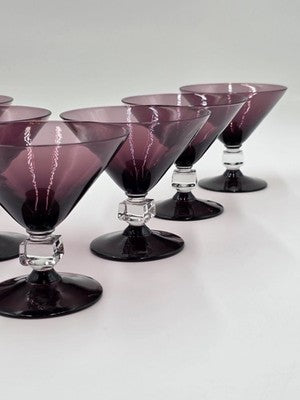 ANTIQUE SET OF 7 MID CENTURY BRYCE WILMINGTON AMETHYST 5 1/2" CHAMPAGNE GLASSES.